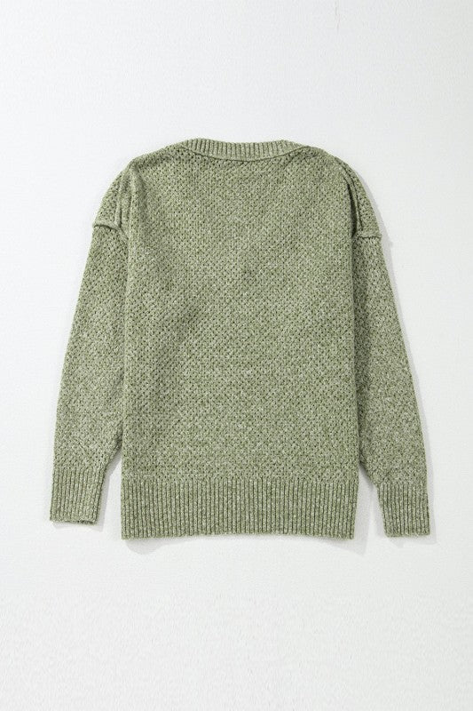 Solid Eyelet V-Neck Drop Shoulder Sweater