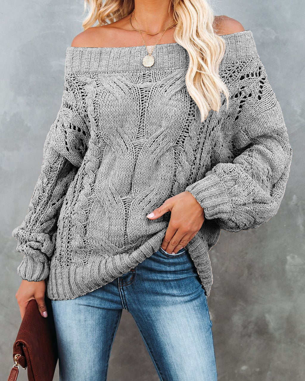Autumn Winter off-Shoulder Plus Size Loose Sweater off-Shoulder Solid Color Pullover Sweater Women
