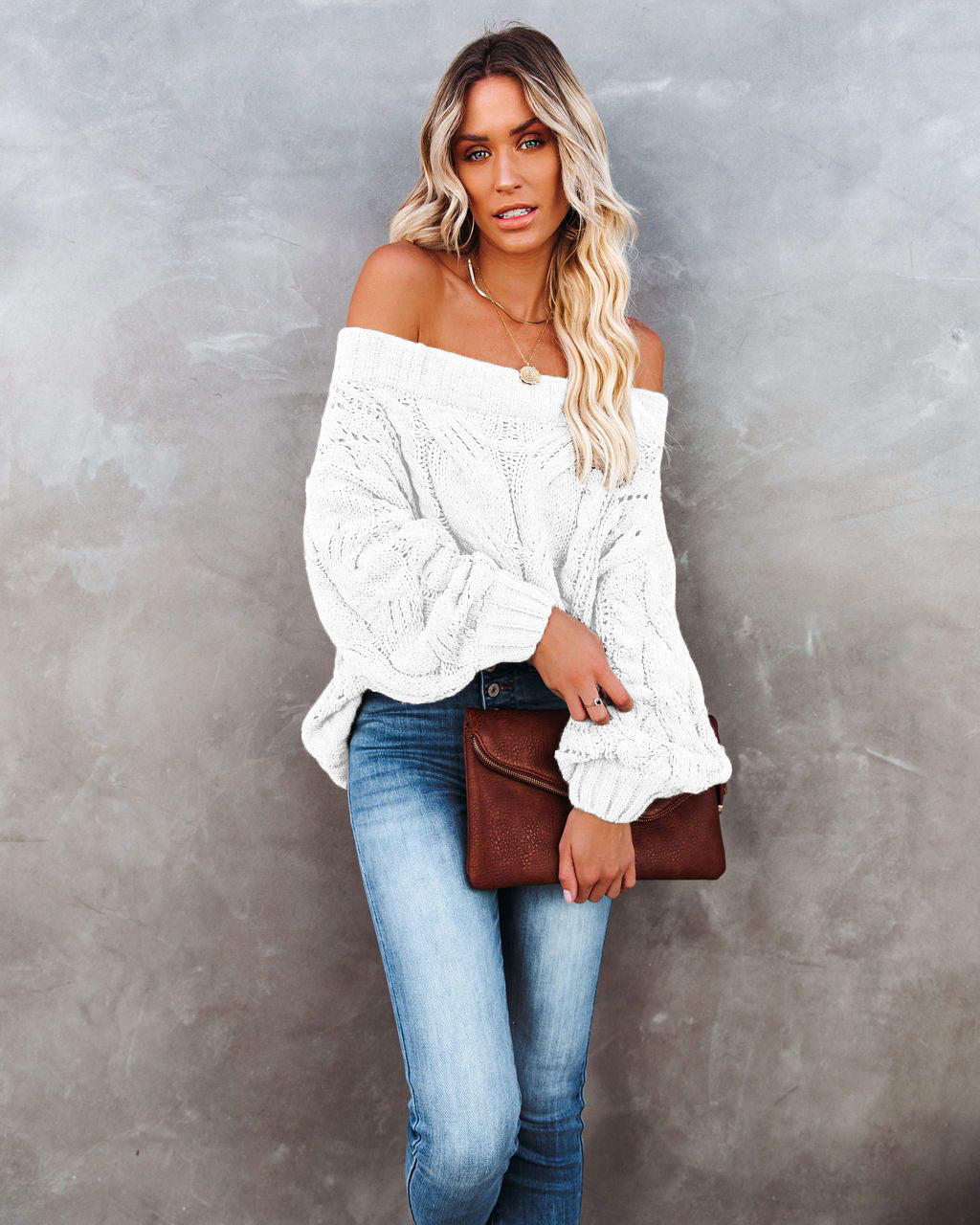 Autumn Winter off-Shoulder Plus Size Loose Sweater off-Shoulder Solid Color Pullover Sweater Women