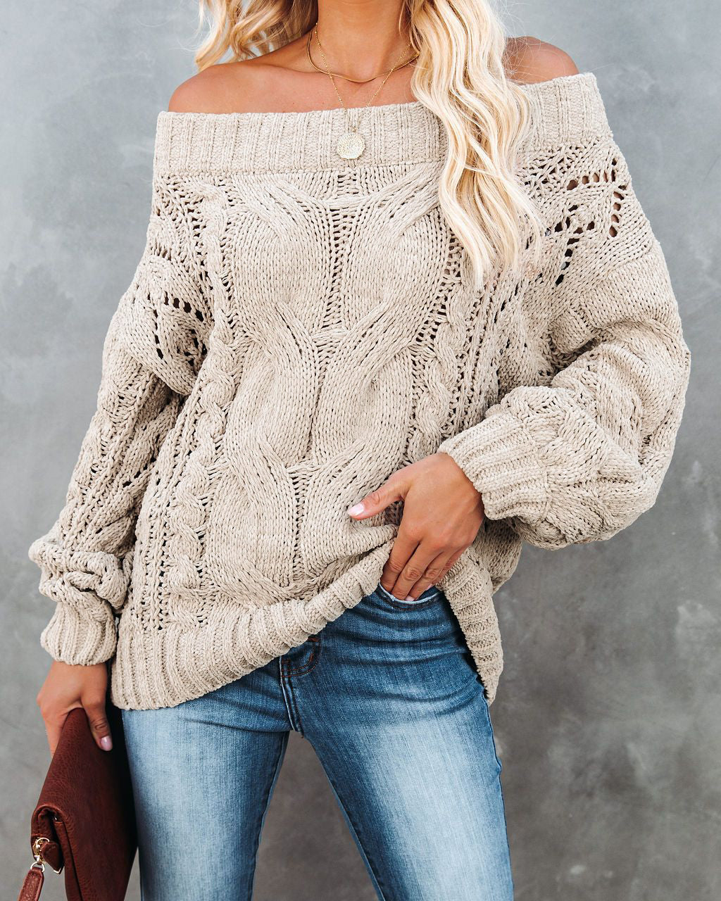 Autumn Winter off-Shoulder Plus Size Loose Sweater off-Shoulder Solid Color Pullover Sweater Women