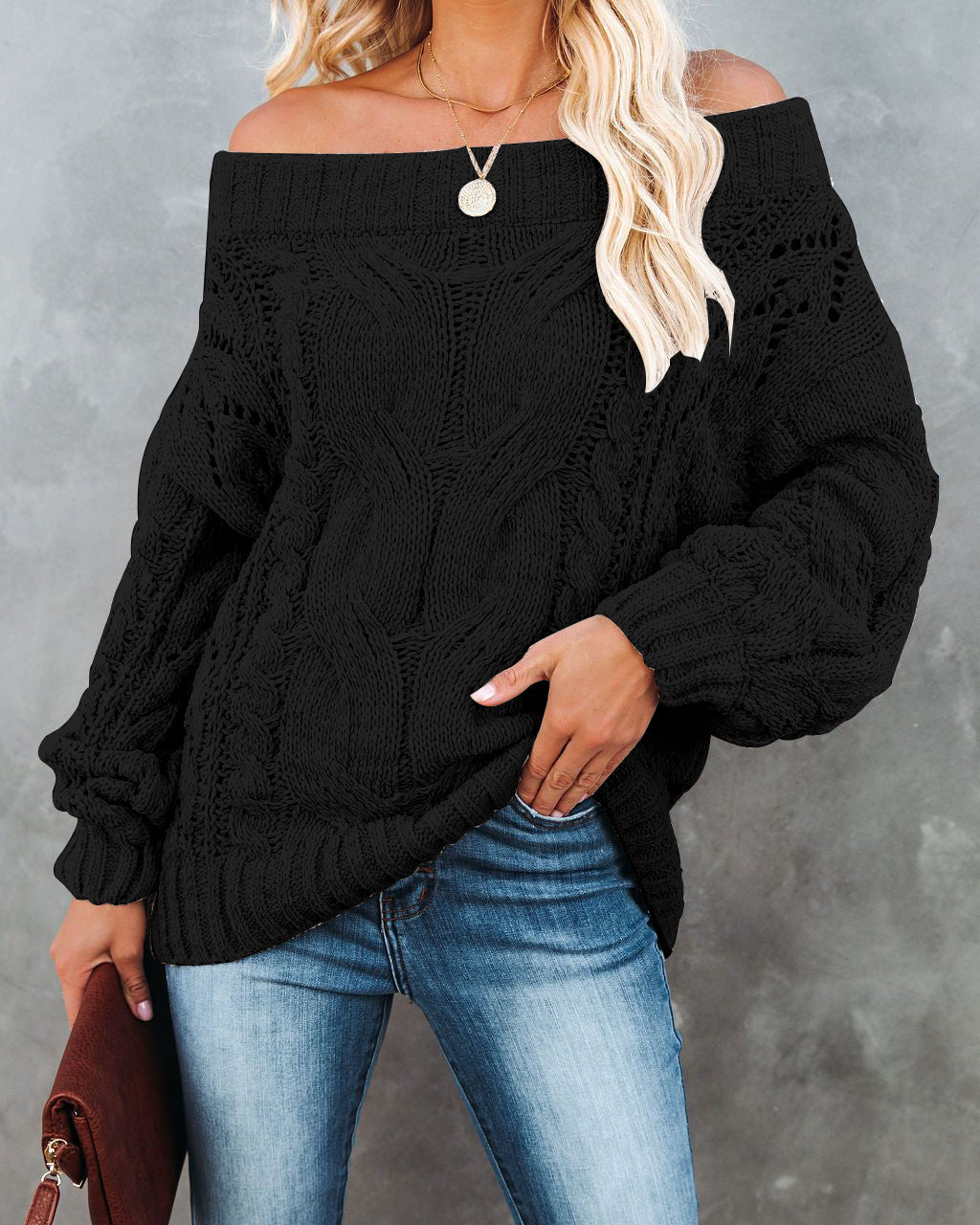 Autumn Winter off-Shoulder Plus Size Loose Sweater off-Shoulder Solid Color Pullover Sweater Women