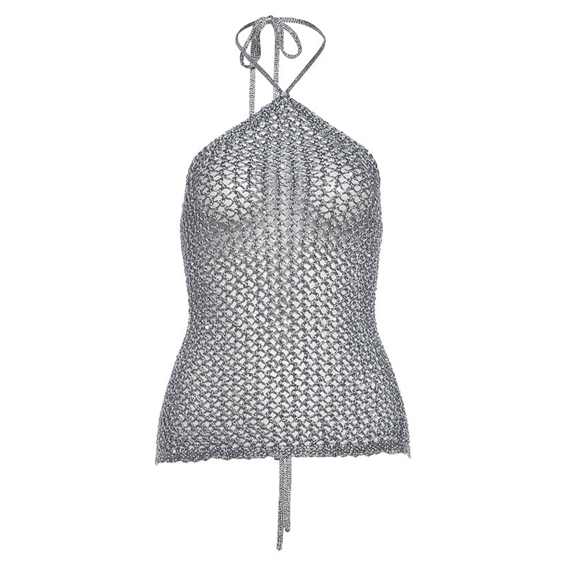 Spring Women Woolen Hollow Out Cutout Sexy Halter Lace up Backless Top for Women