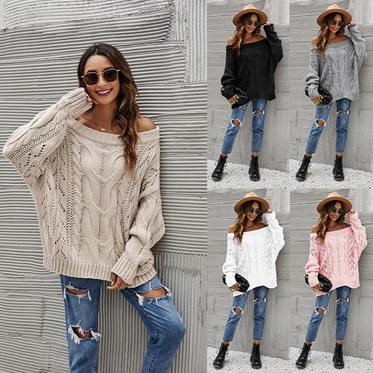 Autumn Winter off-Shoulder Plus Size Loose Sweater off-Shoulder Solid Color Pullover Sweater Women