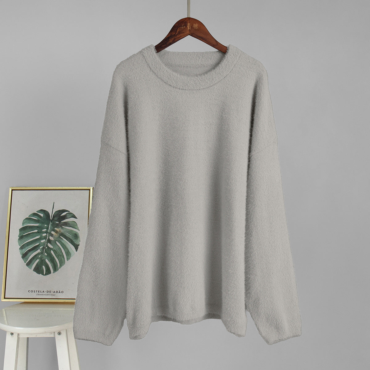 Crew Neck Pullover Sweater Autumn Winter Simple Solid Color Sweater Loose Casual Sweater