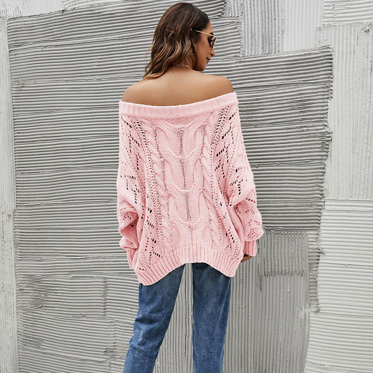 Autumn Winter off-Shoulder Plus Size Loose Sweater off-Shoulder Solid Color Pullover Sweater Women