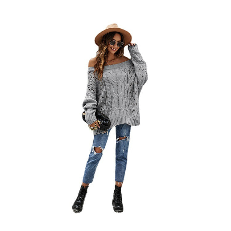 Autumn Winter off-Shoulder Plus Size Loose Sweater off-Shoulder Solid Color Pullover Sweater Women