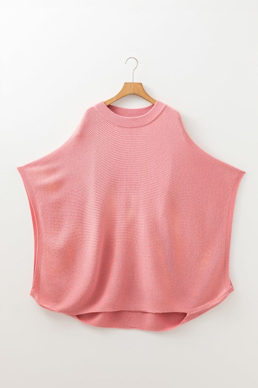 Plus Size Ribbed Knit Crewneck Poncho Sweater